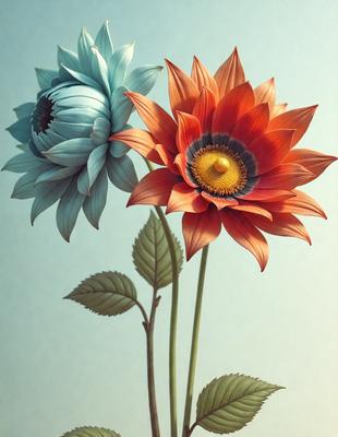 The primary subject of the image is a vase filled with two different colored flowers. The setting is a blue background, which adds a contrasting and visually appealing element to the scene. The visual style of the image is a combination of photo and digital art, creating a realistic yet artistic representation of the flowers. The colors and mood of the image are predominantly warm and vibrant, with the blue background providing a cool and calming effect.